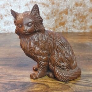 Red Mill Mfg Vintage Handcrafted Pecan Shell Resin Longhair Cat Figurine Brown